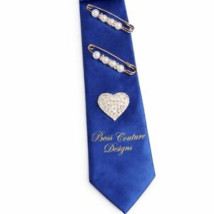 Blue Satin Tie with Pearl and Rhinestone Accents